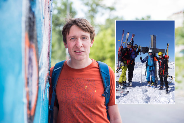 Der Brigittenauer Michael Kopitsch (31) fliegt am Sonntag nach Bolivien, um gemeinsam mit vier Freunden Berge jenseits der 6.000 Meter zu besteigen. Kleines Bild: Die Gruppe am Schareck (3123 m) in den Hohen Tauern.