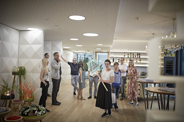 Walk Guide Silvia Gschwandtner (mit Schild) führte die Besucher durch die Promenaden Galerien – hier bei Reichl und Partner mit Rainer Reichl (vierter v.l.) und Besucher | Foto: Mario Riener