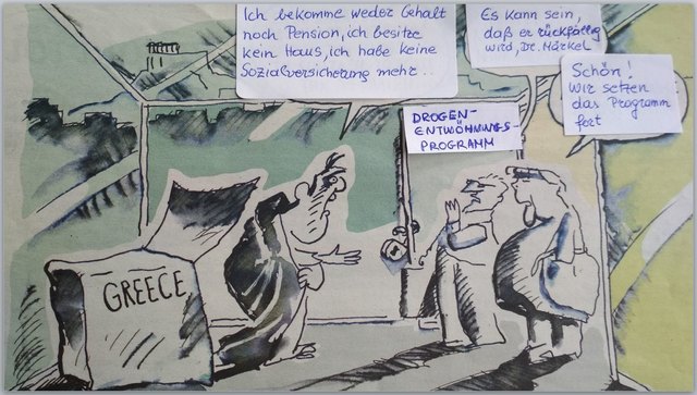 Ins Deutsche übersetzter Cartoon: Wohlstand wird wie Drogenabhängigkeit behandelt.