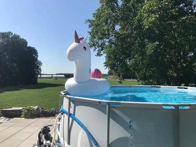 "Dahoam is dahoam": Erich Hahn aus Purgstall kühlt sich am liebsten im Swimmingpool im eigenen Garten ab. | Foto: Erich Hahn