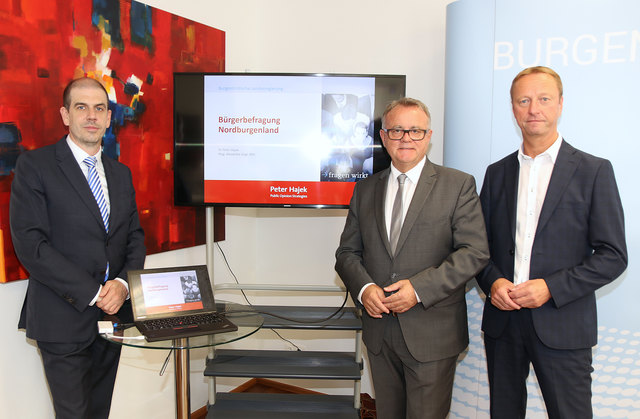 Meinungsforscher Peter Hajek (l.) präsentierte die Ergebnisse gemeinsam mit LH Niessl und dessen Stellvertreter Johann Tschürtz. | Foto: LMS