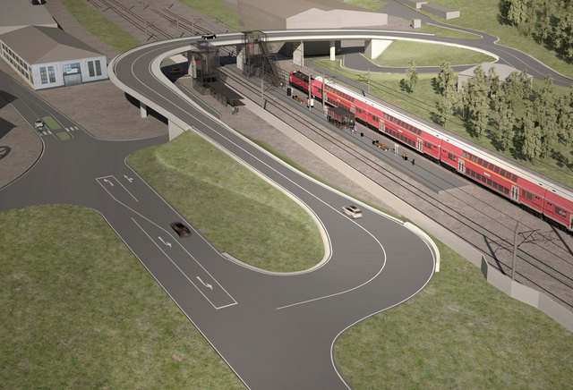 Blick in die Zukunft: So wird der neue Bahnhof in St. Barbara-Wartberg nach der Fertigstellung aussehen. Die Eisenbahnkreuzung wird durch eine Überfahrtsbrücke ersetzt. | Foto: Visualisierung: ÖBB/P&K ZT GmbH