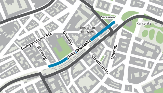 Grafik: Zwischen Köstlergasse und Secession soll ein neuer Radweg gebaut werden.