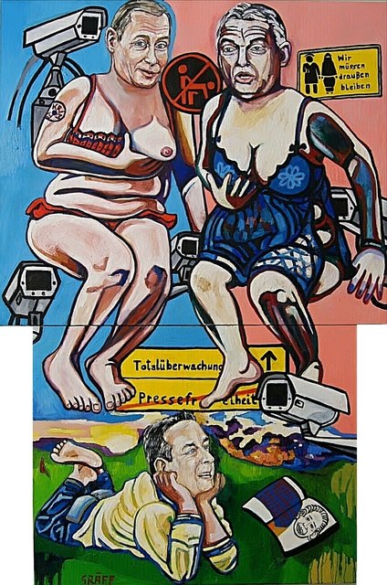 Matthias Laurenz Gräff, Diptychon "Der europäische Altar (Wind of Change). Feuchte Träume. Perverse Schwärmerei.", Öl auf Leinwand, 100x120 / 80x100 cm, 2018. Vladimir Putin und Viktor Orbán als autoritäre, nationalistische Idealvorstellung der europäischen Rechten wie Heinz-Christian Strache. Totalüberwachung, Zensur, Ausländerfeindlichkeit, Diskriminierung und Kriminalisierung Gleichgeschlechtlicher. Strache als Sinnbild für eine neue Jugend, träumend in eine neue Zeit (Wind of Change)