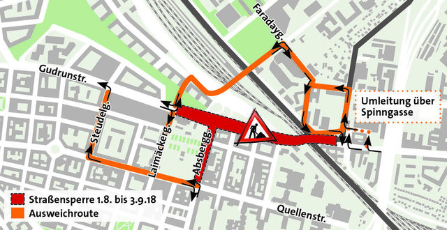 Der direkte Weg über die Gudrunstraße nach Simmering ist bis Schulbeginn gesperrt. Die Umwege sind am Plan. | Foto: Plan: APA/Grafik: Scherzer