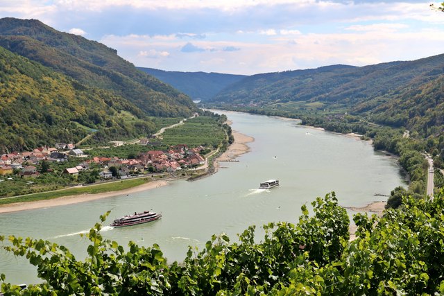 Ausblick vom Tausendeimerberg Donau aufwärts, Richtung Melk! Es gibt Niedrigwasser auf der Donau durch das trockene Wetter! Man sieht es auch hier deutlich auf dem Bild!