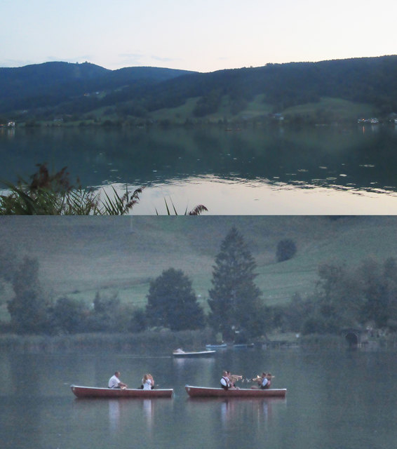 Trotz der Entfernung sind die Bläser sehr gut zu hören, denn der Schall überträgt sich über dem Wasser erstaunlich gut. Die untere Zoomaufnahme ist stark aufgehellt.