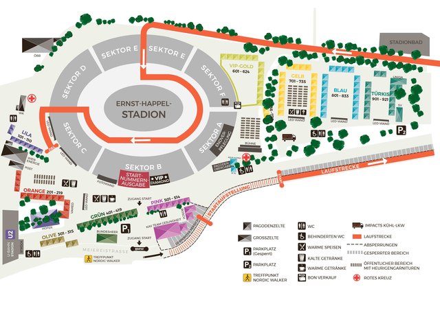Das Veranstaltungsgelände verteilt sich rund um das Ernst-Happel-Stadion. Gestartet wird im Sektor A, die Ziellinie überquert man im Sektor C.