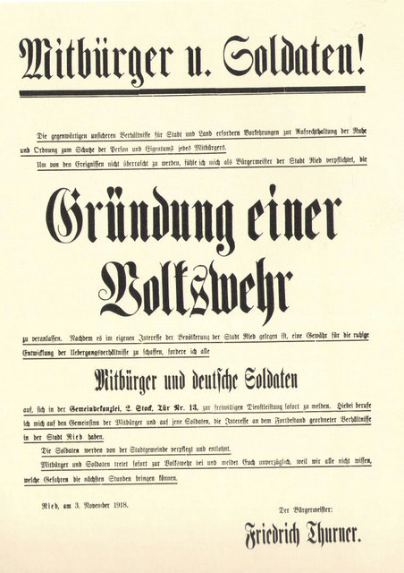Bekanntmachung zur Gründung einer Volkswehr. | Foto: Quelle: Buch Rieder Bildchronik