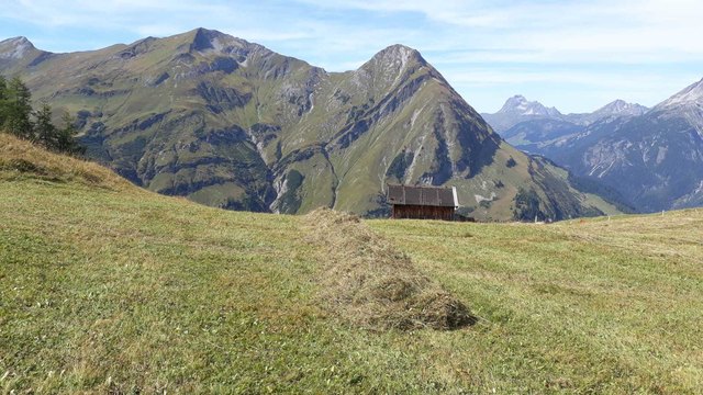 beim Heuen mit Blick auf den Pimig