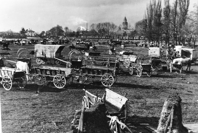 Hunderte Soldaten lagerten mit Roß und Wagen. Zivilkleider waren stark gefragt, daher wurden viele Tauschgeschäfte abgeschlossen. Ein Anzug – dafür ein Pferd oder ein Wagen. | Foto: Stadtarchiv Hall in Tirol/Bildarchiv