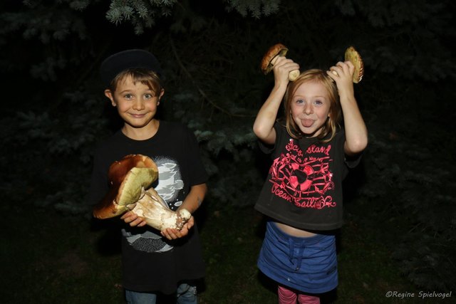 Stolz präsentieren Finn und Vivien den Steinpilzfund.