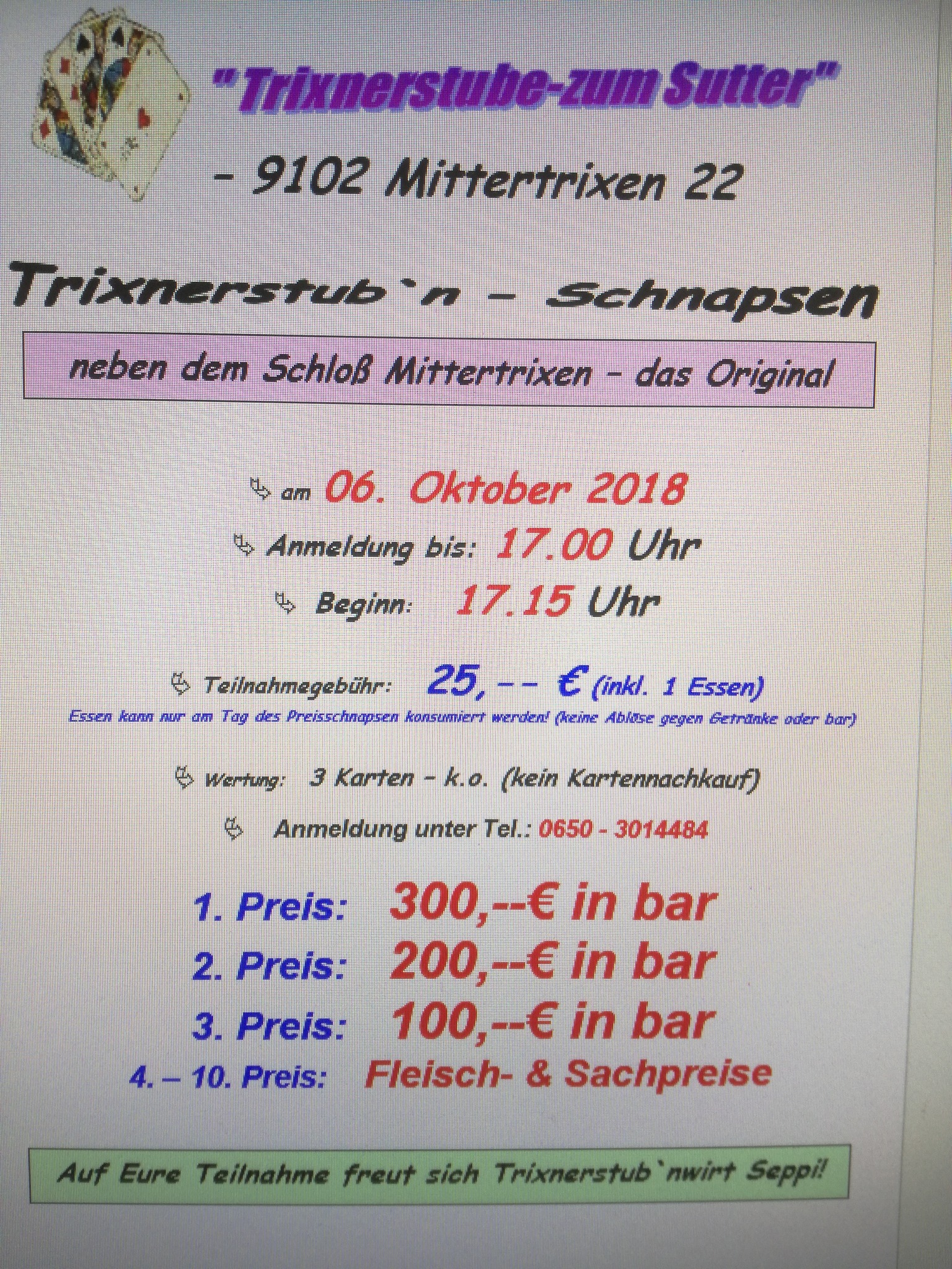Trixnerstubnschnapsen am 6.10.2018 Trixnerstube zum Sutter neben