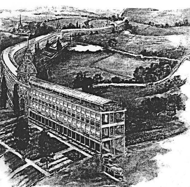 Roadtown
Einer der Gründe, warum hohe Gebäude effizient sein können, ist, dass Aufzüge eine unglaublich effiziente Art sind, Menschen zu bewegen. Sie brauchen nicht viel Energie zum Laufen, und da die Deckenhöhen im Vergleich zu horizontalen Messungen kurz sind, müssen sie nicht sehr weit reisen, um vielen Menschen zu dienen. Aber es gibt einige sehr gute Gründe, um zu bauen, was man als horizontale Türme bezeichnen könnte, wie es Edgar Chambless 1910 in Roadtown tat.
Die Idee kam mir... | Foto: https://www.treehugger.com/slideshows/urban-design/visions-future-where-cities-are-all-one-building/page/7/