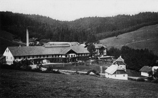 Die Glashütte im Freudenthal  war um 1910 einer der bedeutendsten Arbeitgeber im Bezirk Vöcklabruck. Sie belieferte 350 bis 400 Apotheken mit Medizingläsern. | Foto: Sammlung Dopler/Archiv Saminger