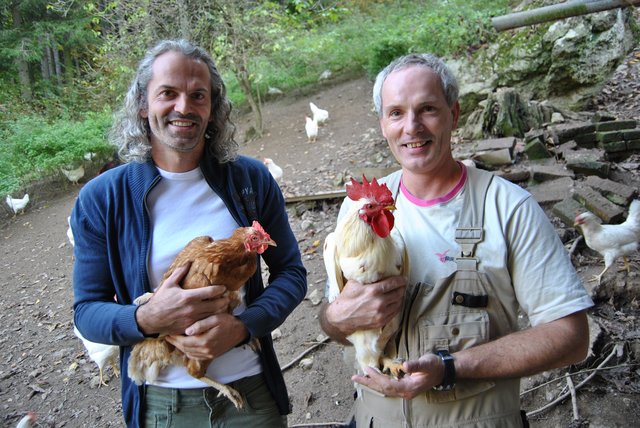 "Hendlbauern": Markus und Christian Rothwangl inmitten ihres selbst geschaffenen "Eierreichs" in Kapfenberg.