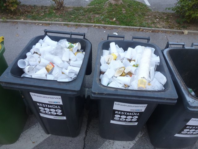 Zwei volle Restmülltonnen in der Labestation Fischergasse mit einigen "Fehlwürfen".
Ganz rechts sind sogar 50? verpackte und unbenutzte Trinkbecher ersichtlich.