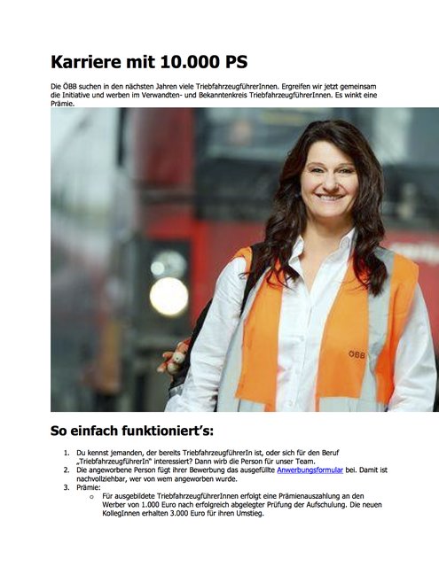 Wer kennt jemanden, der sich einen Job als Lokführer bei der ÖBB vorstellen könnte? Fürs anwerben bezahlt die ÖBB den Bediensteten eine Prämie.