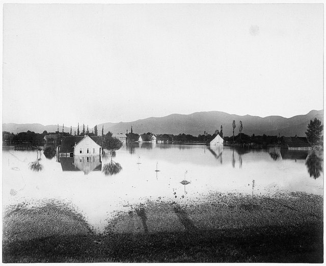 Das Foto, das die Parzelle Wiesenrain während des Hochwassers 1888 rund 70 Zentimeter unter dem Höchstwasserstand zeigt, stammt ursprünglich aus dem Archiv der ÖBB in Innsbruck. Es gelangte wohl dorthin, weil die Bahn frachtfrei Kohle und Lebensmittel zur Unterstützung der Bevölkerung aus den verschiedenen Teilen der Monarchie nach Vorarlberg brachten.  | Foto: Landesbibliothek