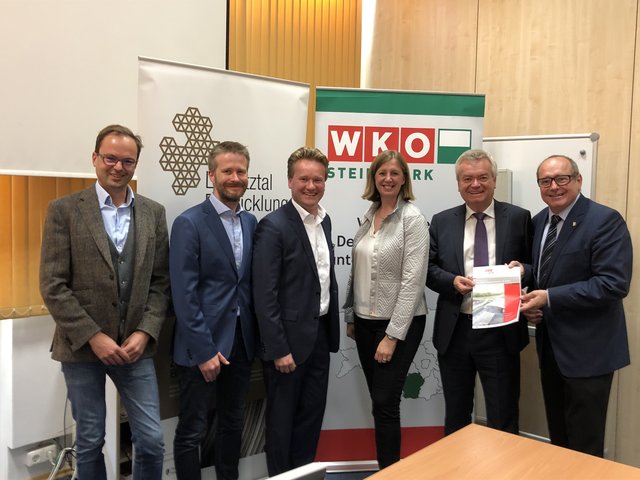 Eric Kirschner, Lasse Kraack, Georg Knill, LR Barbara Eibinger-Miedl, LR Anton Lang und Manfred Kainz (v.l.).
