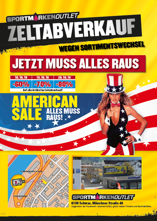 Jetzt muß alles raus !!! Großer Zeltabverkauf bis -80% bei Sportmarken Outlet in Schwaz, Münchner Straße 46. (gegenüber der Feuerwehr Schwaz (ehemals Ettel) gleich neben Tirolack und den Bezirksblättern).