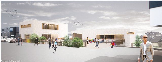 So soll das neue Gemeindezentrum direkt an der B70 aussehen. Die Polizei kommt ins Untergeschoss.