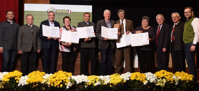 OÖVP Landesgeschäftsführer LAbg. Wolfgang Hattmannsdorfer, Vertreter der prämierten Ortsgruppen, Landesobmann Josef Pühringer, Bezirksobmann Karl Grufeneder, SB-Landesgeschäftsführer Franz Ebner.