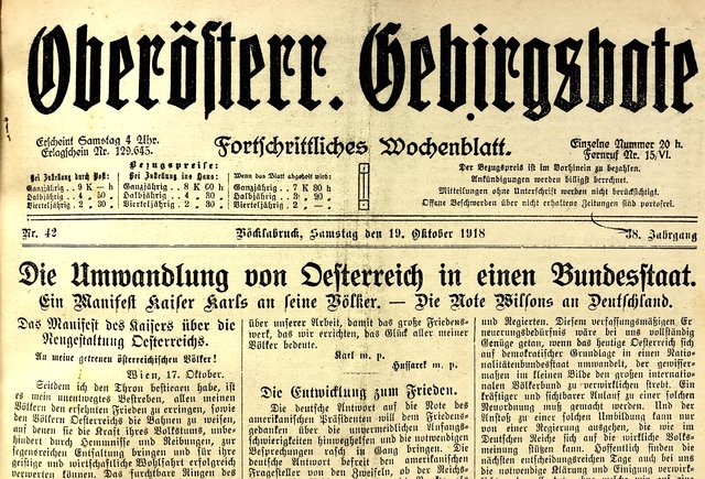 Von der Umwandlung Österreichs in einen Bundesstaat berichtete der "Oberösterreichische Gebirgsbote" am 19. Oktober 1918.