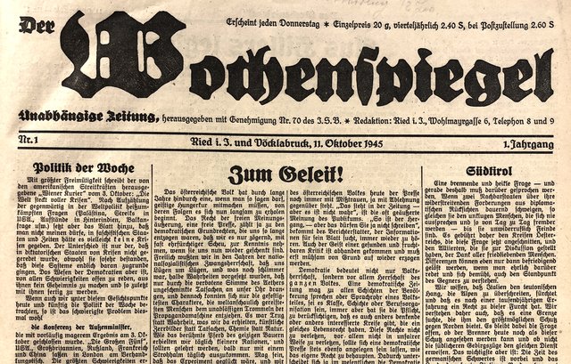 Die erste Ausgabe des "Wochenspiegels" vom 11. Oktober 1945 umfasste ganze vier Seiten.