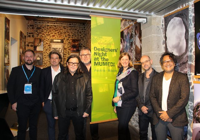 Design-Stars in Mexiko: Karlheinz Boiger, Matthias Prödl, Karl Stocker, Eberhard Schrempf, Barbara Eibinger-Miedl, Alvaro Rego (Hausherr im "Mumedi) und Mike Fuisz (v. l.) | Foto: Land Steiermark