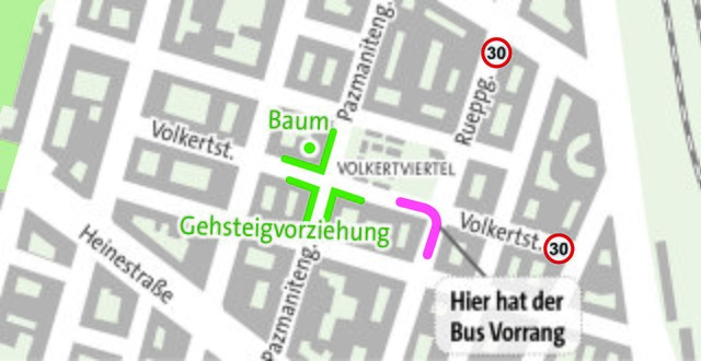 Vier Erneuerungen gibt es im Volkertviertel: Breitere Gehsteige, ein neuer Baum, Tempo 30 und Vorrang für Busse.