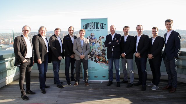 Stolz: M. Fuchs (UBSC), H. Schmid (HIB), M. Schweighofer (HSG), T. Tebbich (SK Sturm), C. Wallner (Kleine Zeitung), G. Pototschnig (Holding), C. Schreiner (Giants), B. Vollmann (99ers), F. Laure (UVC) und S. Eger-Mraulak (UBI). | Foto: GEPA