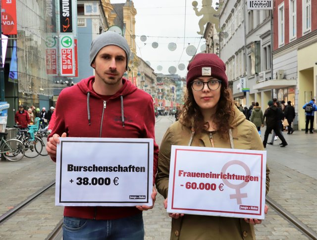 Mit einer Aktion an der Landstraße fordern Ralf Schinko (27) und Melanie de Jong (24) die finanzielle Absicherung von Frauen- und Mädcheneinrichtungen.