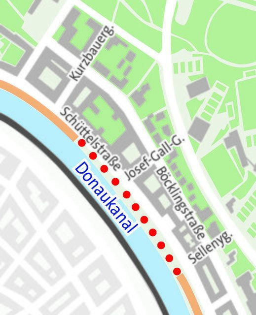 Aktuell fehlt noch der Weg bei der Josef-Gall-Gasse (rote Punkte).