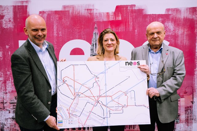 Präsentierten ihren Plan "Öffi neu": Bernhard Koch, Bettina Emmerling und Ferdinand Maier, Neos (v.l.n.r.). | Foto: NEOS Wien