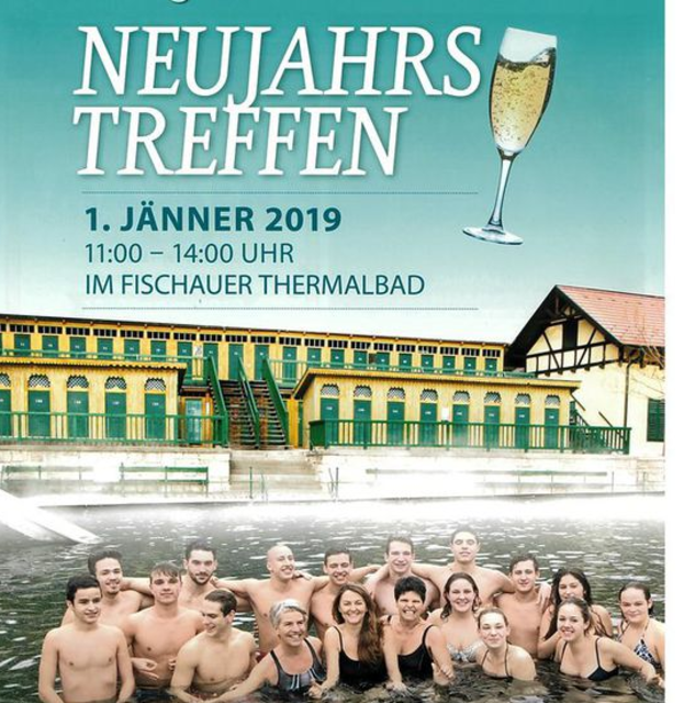 Die Neujahrsschwimmer vom Vorjahr wollen Sie via Werbeplakat auch heuer zum Eintauchen ins Quellwasser von Bad Fischau animieren. Unter der flotten Riege auch drei waghalsige Damen aus Bad Vöslau.