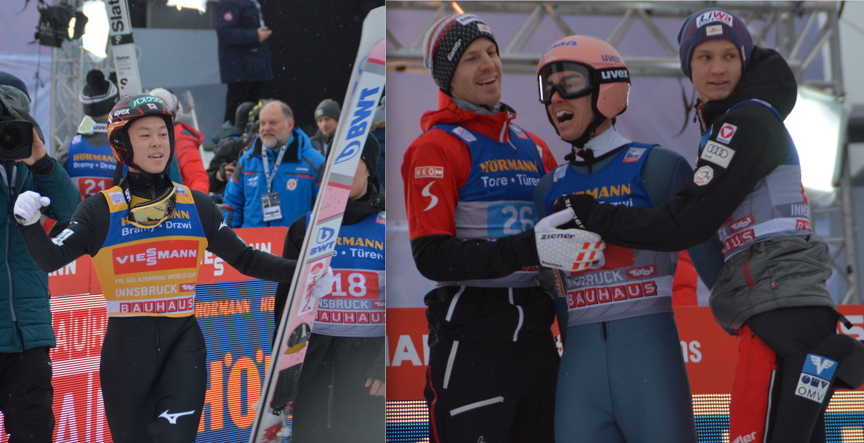 Stefan Kraft (re.) wird auf dem Berg Isel Zweiter, Triumphator an diesem Tag war erneut Ryoyu Kobayashi.