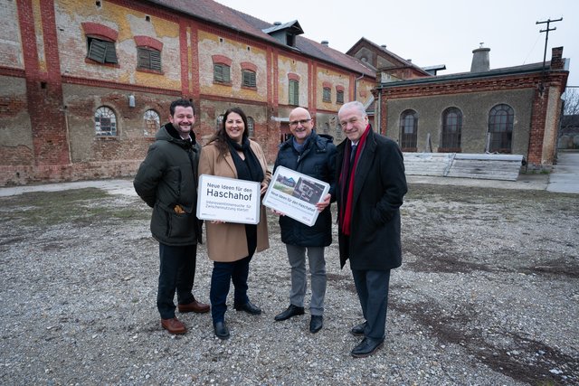 Lokalaugenschein am Haschahof: Wohnfonds-Chef Gregor Puscher, Stadrätin Kathrin Gaál, Dieter Grohschopf vom Wohnfonds und Bezirksvize Gerhard Blöschl.