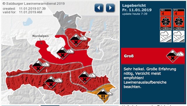 Die hohe Lawinenwarnstufe in Salzburg bleibt auch am Freitag, den 11. Jänner 2018, bestehen.  | Foto: Bildschirmfoto 2019-01-11 um 09.25.12