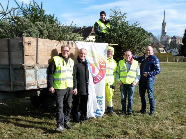 Hannes Schest, Bürgermeister Valentin Blaschitz, Martin Urak, Josef Lipnik, Stadtrat Gerald Grebenjak und Siegbert Sauerschnig (am Wagen) bei der Christbaumsammlung | Foto: Gemeinschaft Tainach