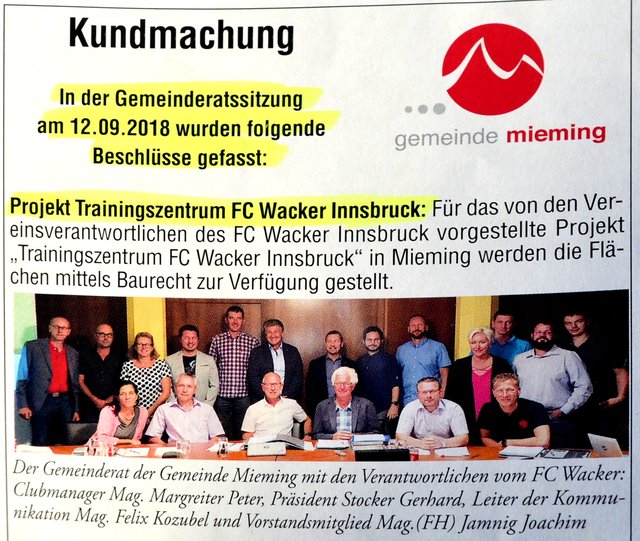 Informationspolitik: Nur ein kleines Bild nach dem Grunsatzbeschluss informiert die Leser der Gemeindezeitung über das Megaprojekt. Den Rest erfuhren sie später aus der Tiroler Tageszeitung. 