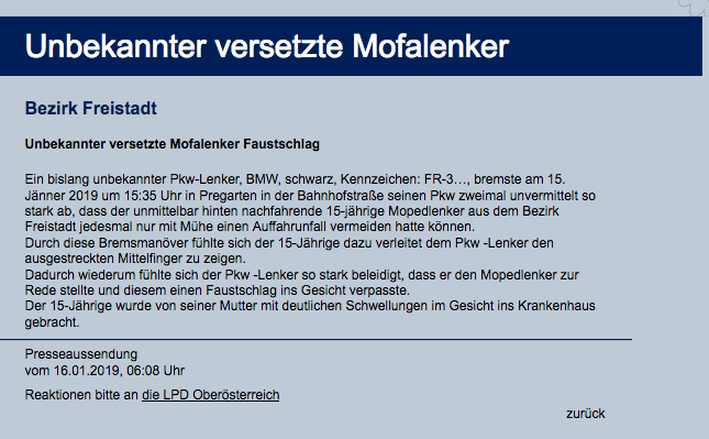 Polizeimeldung vom 16. Jänner