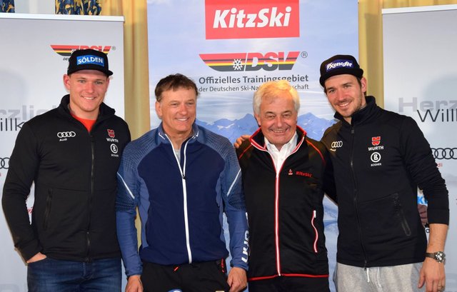 Freuen sich über die Partnerschaft: Thomas Dreßen, Wolfgang Maier (Sportvorstand DSV), Josef Burger (BAG-Vorstand) und Felix Neureuther. | Foto: Bergbahn Kitzbühel