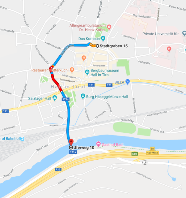 Der eingeschlagene Weg: Von der Altstadtgarage in Hall zur Auutobahnauffahrt.