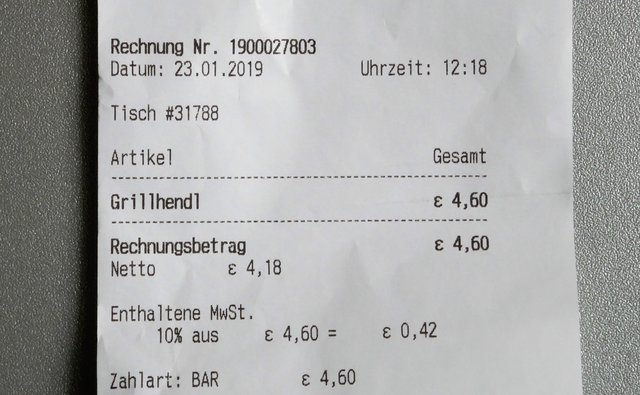 Grillhendl am Stand, Rechnung, Grillhähnchen, Graz