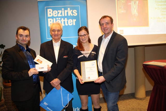 Sportlerin des Bezirks: Michael Strini, ASVÖ-Bezirksobmann Karl Karner, Kristin Hetfleisch und ASKÖ-Vizepräs. LA Christian Drobits