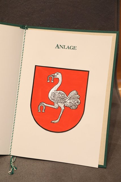 Der Vogel Strauß im roten Schild, der ein Hufeisen im Schnabel und eines mit dem rechten Fuß hält, ist das Motiv des Leobener Stadtwappens. | Foto: Freisinger