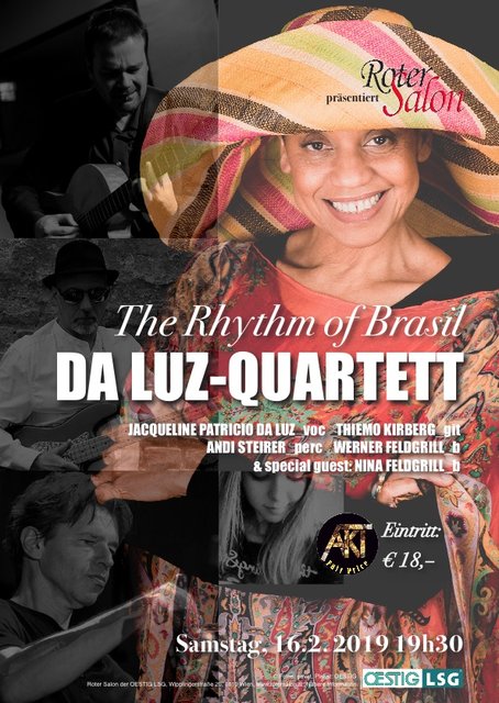 Die Samba-Sanges-Queen in Wien im Roten Salon der OESTIG LSG: Jacqueline Patricio DA LUZ - mit ihrem Stammtrio: Andi Steirer, Werner Feldgrill, Thiemo Kirberg. | Foto: © Fotos: privat; Plakat: OESTIG 