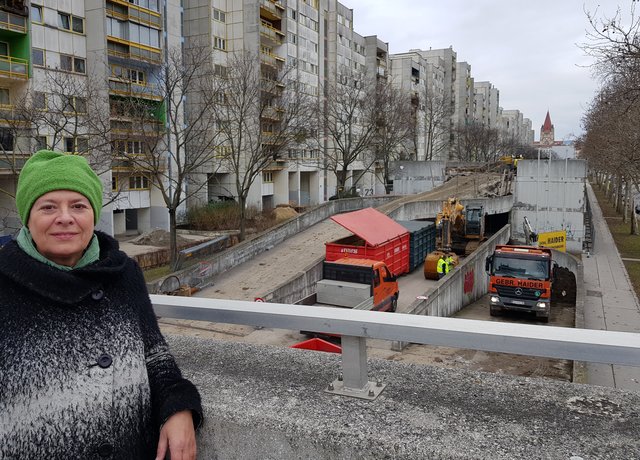 Bezirksvorsteherin Uschi Lichtenberger am Kafkasteg:  Der Abriss des alten Parkhauses ist in vollem Gange. | Foto: BV2