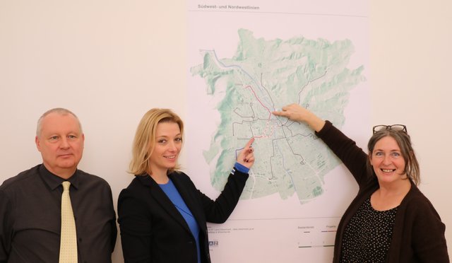 Stellten das nächste Bim-Ausbauprojekt vor: Martin Bauer, Barbara Urban, Elke Kahr